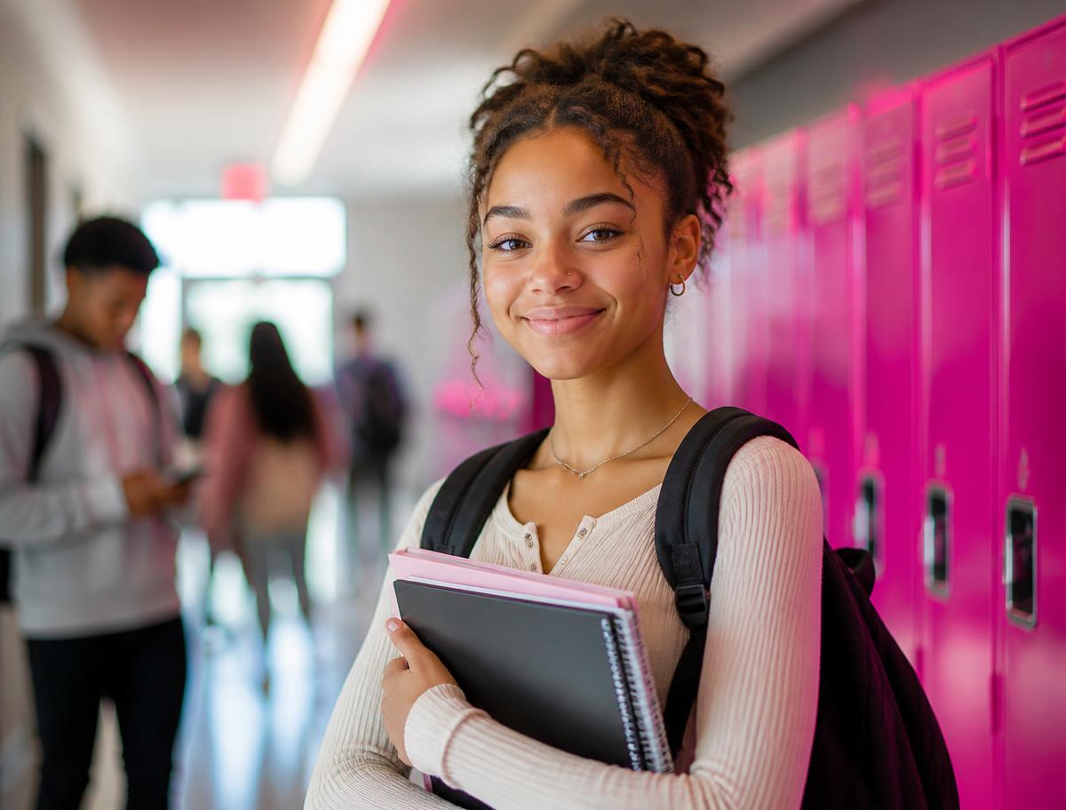 A high school student with a backpack smiling in a school hallway