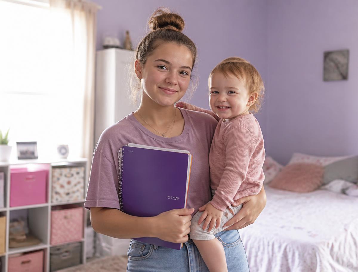 A young mother holding her toddler and a school notebook