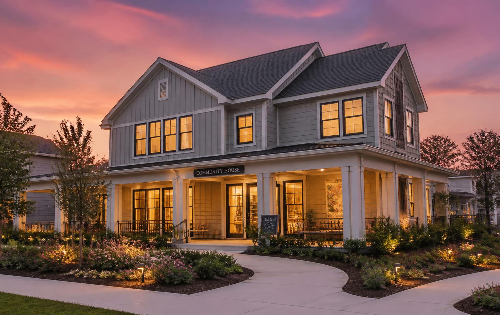 A welcoming community house with warm lit windows at sunset