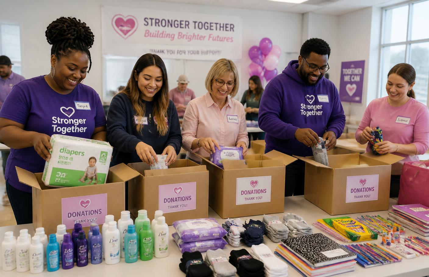 Volunteers packing donation boxes with diapers, hygiene items and school supplies